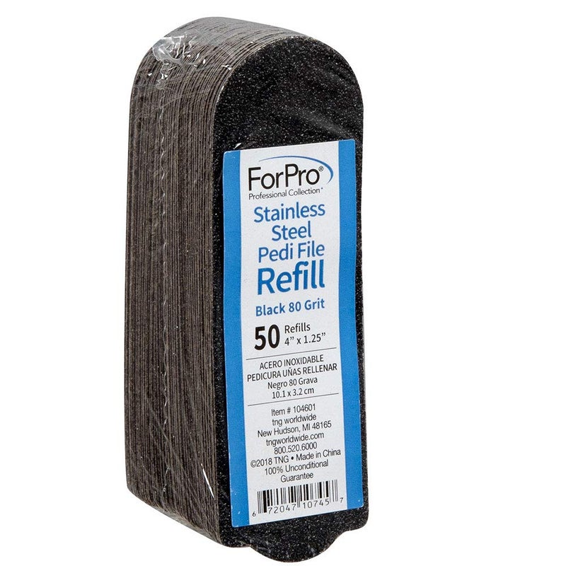ForPro Professional Collection Stainless Steel Pedi File Refill 80 Grit Black EZStrip Peel Pedicure Refill Pads 125 W x 4 L 50Count
