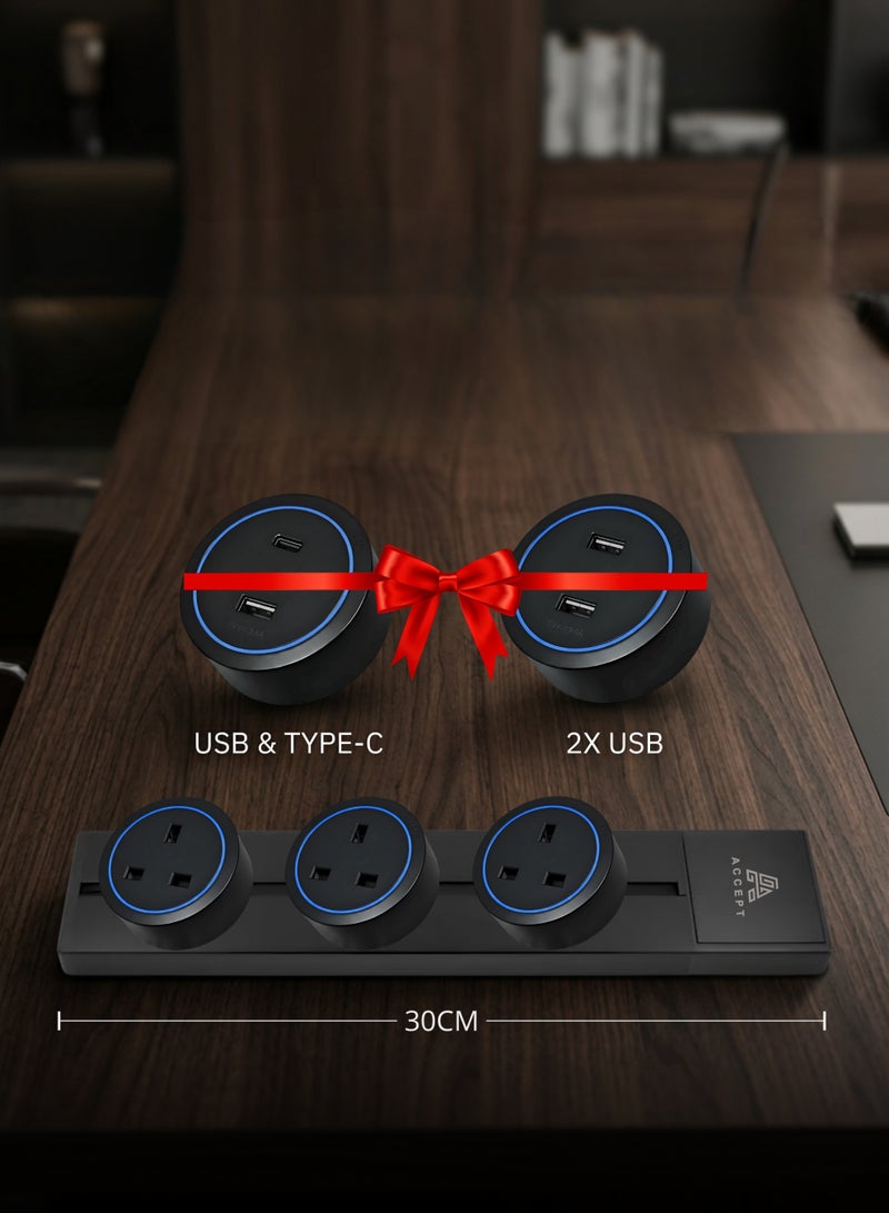 بكج مجرى مسار كهربائي ذكي 30 سم من ACCEPT مع 5 أفياش متحركة (3 أفياش ثلاثية + 1 مزدوج USB + 1 فيش USB و Type-C) - لون أسود