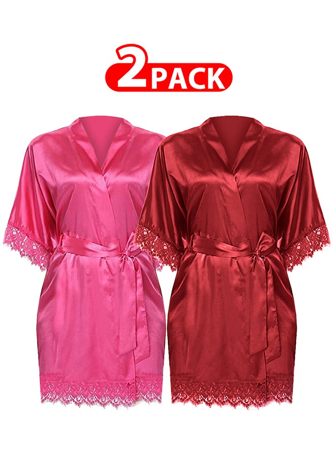 MARGOUN 2 Pack XL Size Women Satin Robe Belted Silky Robe Sleepwear Bridal Robe Kimono Lace Sleeve Nightgown /XL(bust:88-92/waist:72-76) - Image 1