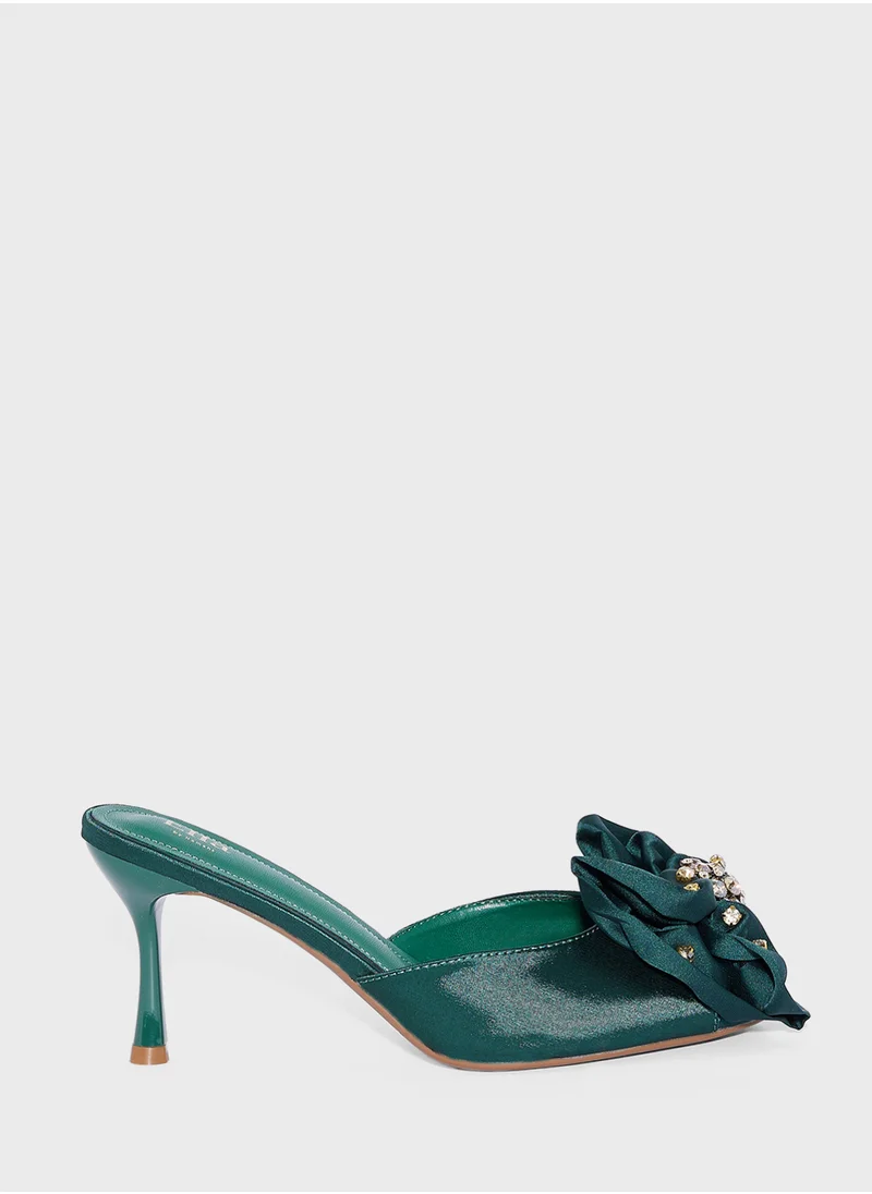 ايلا ليمتد اديشن Oversized Jeweled Bow Mule Satin Heeled Sandal