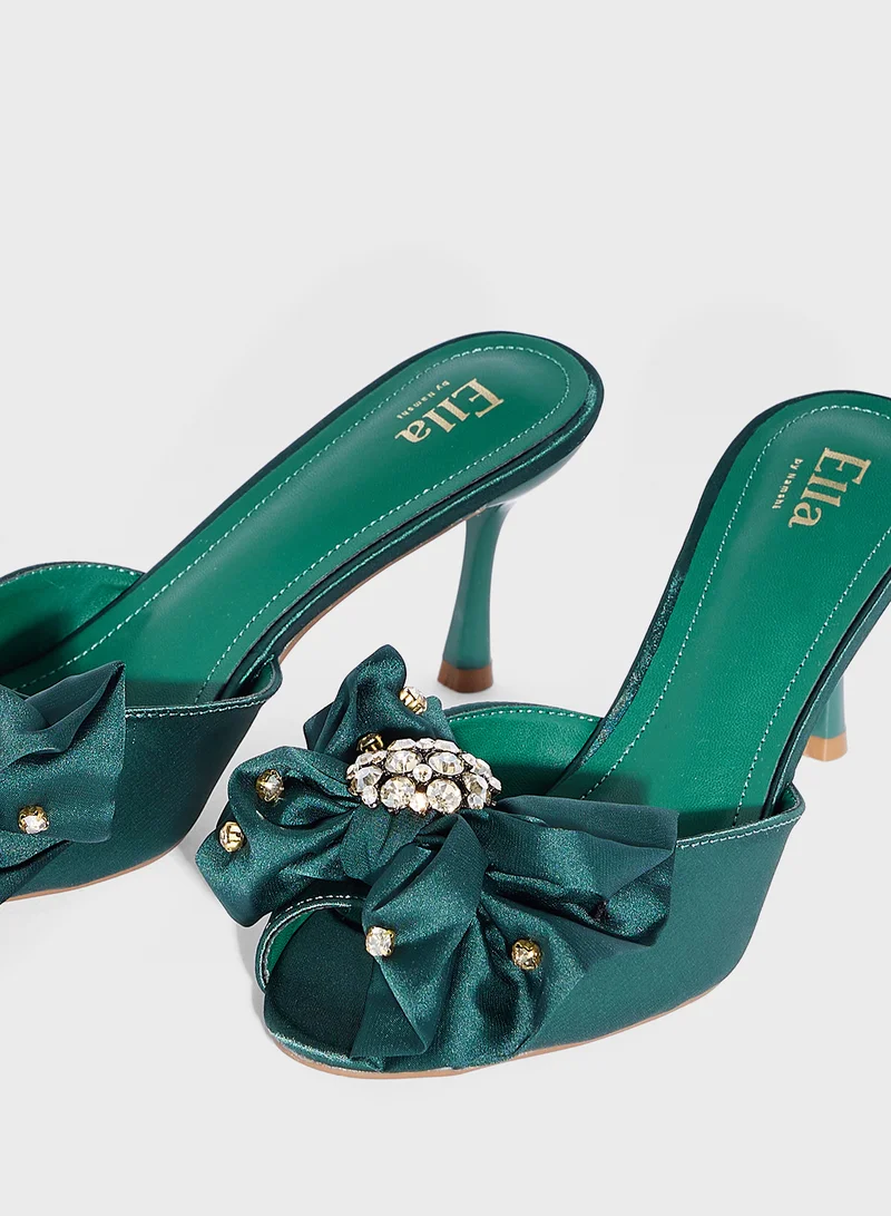 Ella Limited Edition Oversized Jeweled Bow Mule Satin Heeled Sandal