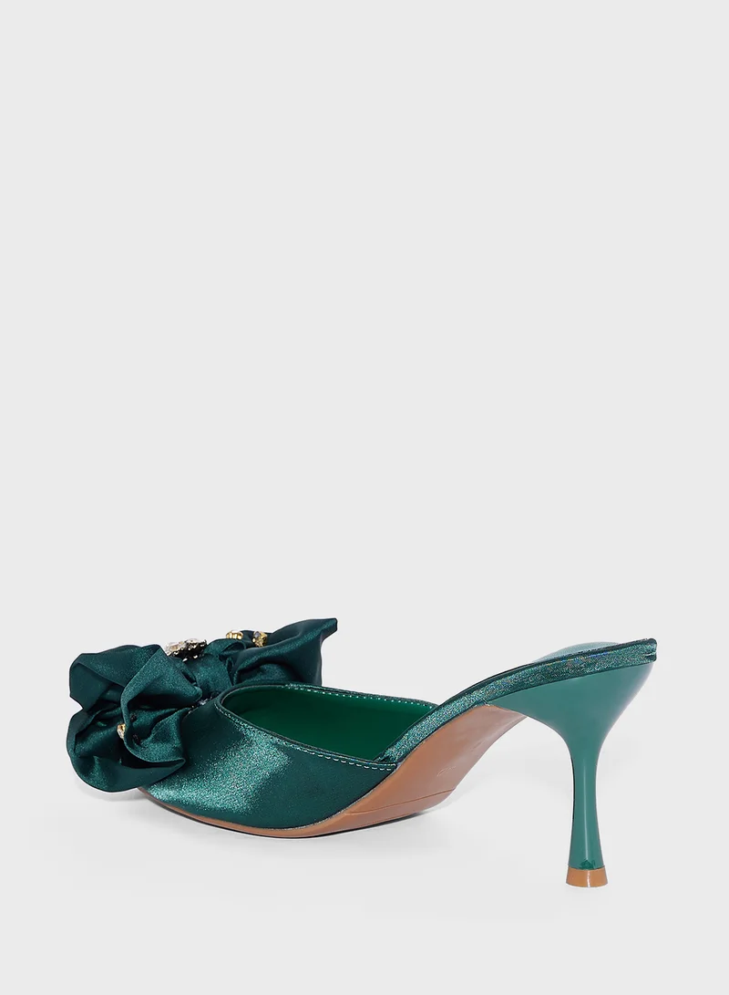 Ella Limited Edition Oversized Jeweled Bow Mule Satin Heeled Sandal