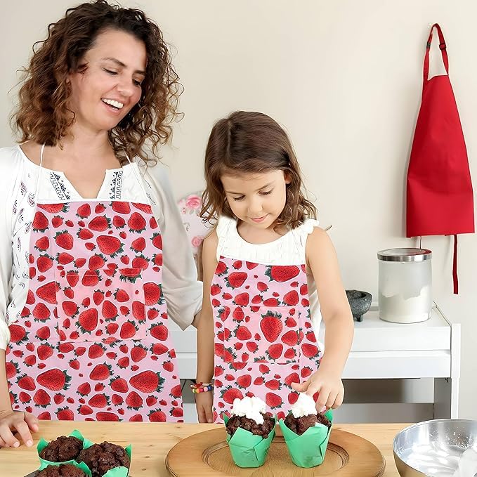 AAZEEM 2 Pack Matching Aprons with Pockets for Kids and Adults,Perfect for Mommy and Me Cooking,Baking,Painting,Gardening - Image 1