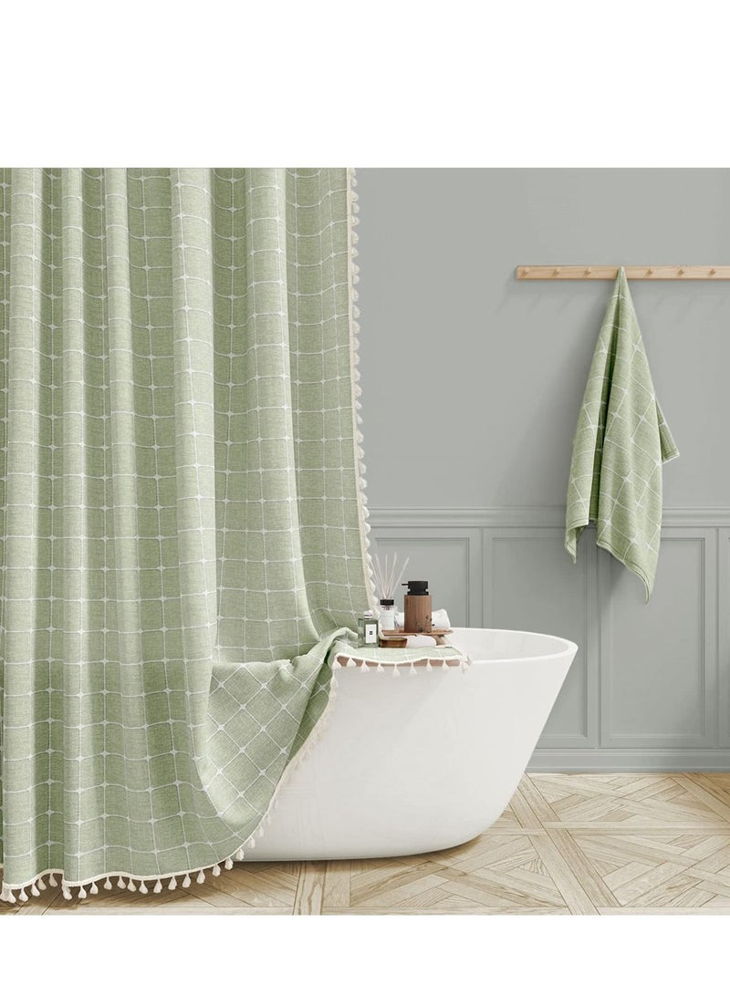 SYOSI Linen Farmhouse Shower Curtain with Tassel, Rustic Heavy Duty Fabric Set, Water Repellent, Bohemian Vintage Country Design, Thick Cloth Bathroom Shower Curtains, Sage Green, 72x72 - Image 1