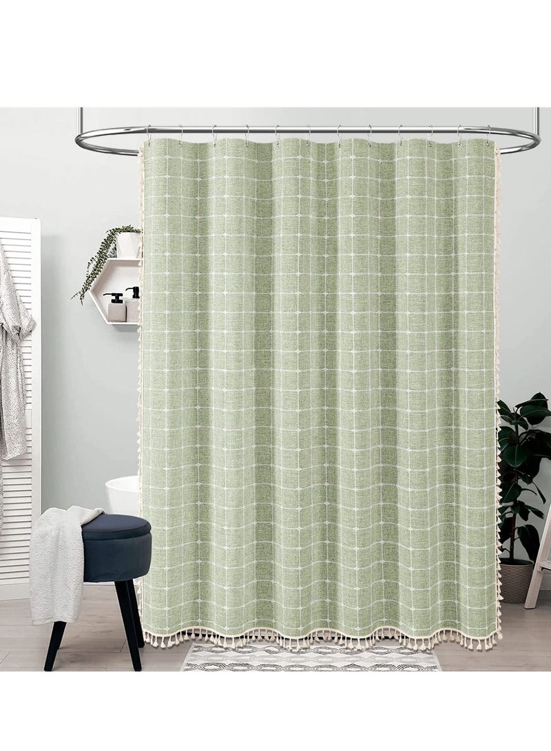 SYOSI Linen Farmhouse Shower Curtain with Tassel, Rustic Heavy Duty Fabric Set, Water Repellent, Bohemian Vintage Country Design, Thick Cloth Bathroom Shower Curtains, Sage Green, 72x72 - Image 2