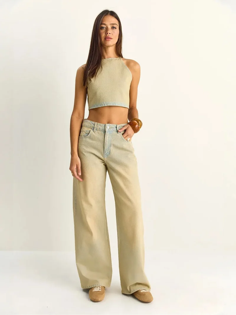 Bianco Lucci LUCCI High Waist Denim Halter Top and Wide Leg Trousers Set