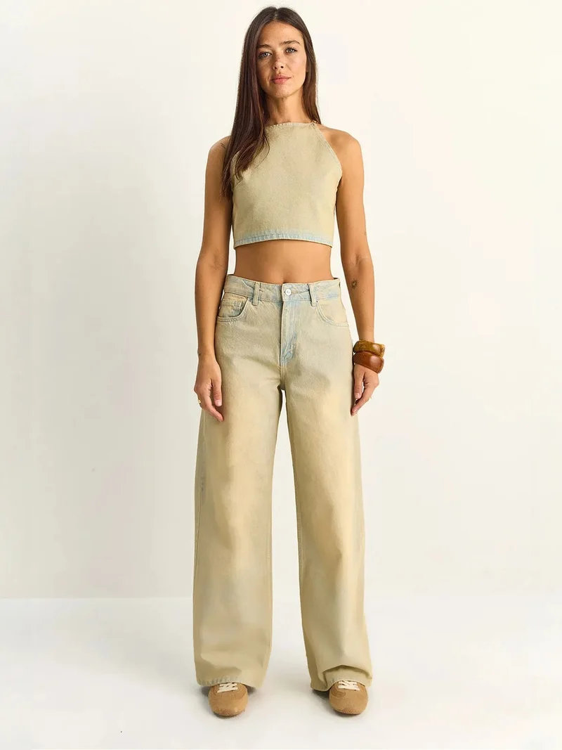 Bianco Lucci LUCCI High Waist Denim Halter Top and Wide Leg Trousers Set