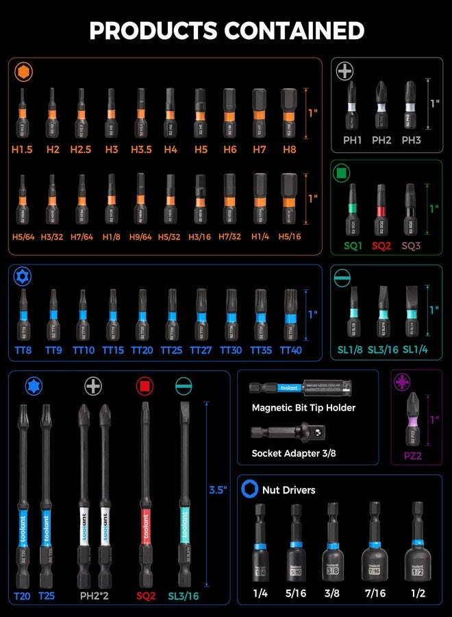 toolant 52-Piece Impact Driver Bit Set,S2 Steel Screwdriver Bit Set,Hex,Torx,Phillips,Slotted,Square Bits and Nut Driver with Case - Image 2