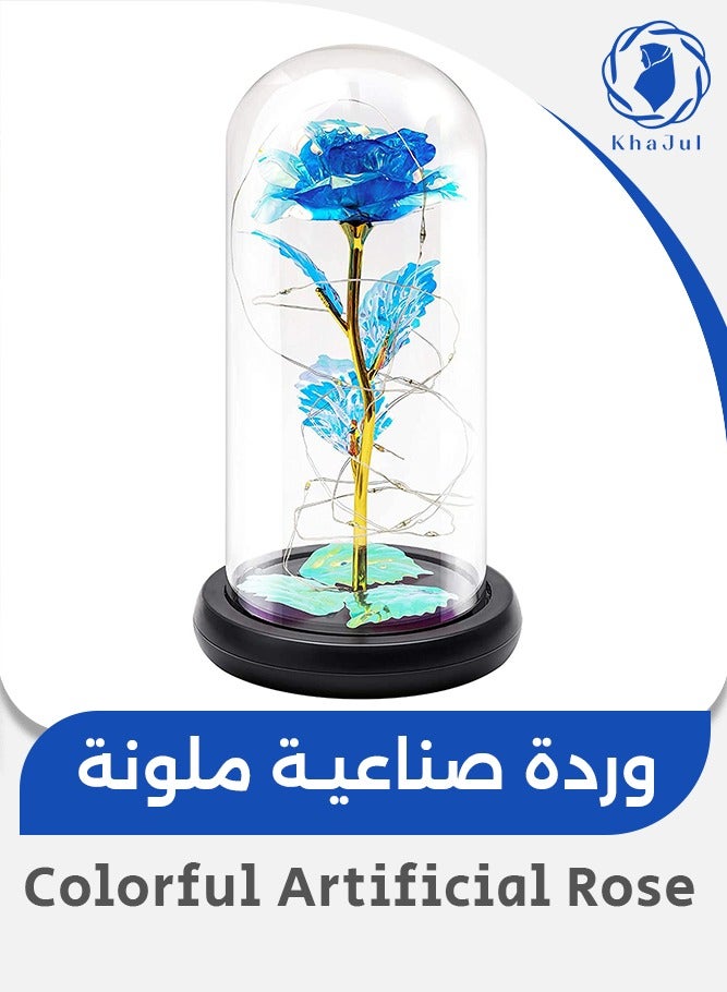 KHAJUL Colorful Artificial Rose Gift, LED Light Unique Gifts, Flower in Glass Dome for Wife, Mom, Grandma,Sister (Blue) - Image 1