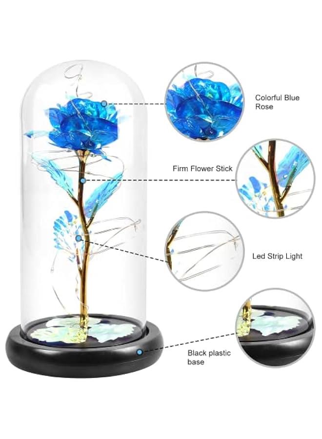 KHAJUL Colorful Artificial Rose Gift, LED Light Unique Gifts, Flower in Glass Dome for Wife, Mom, Grandma,Sister (Blue) - Image 4