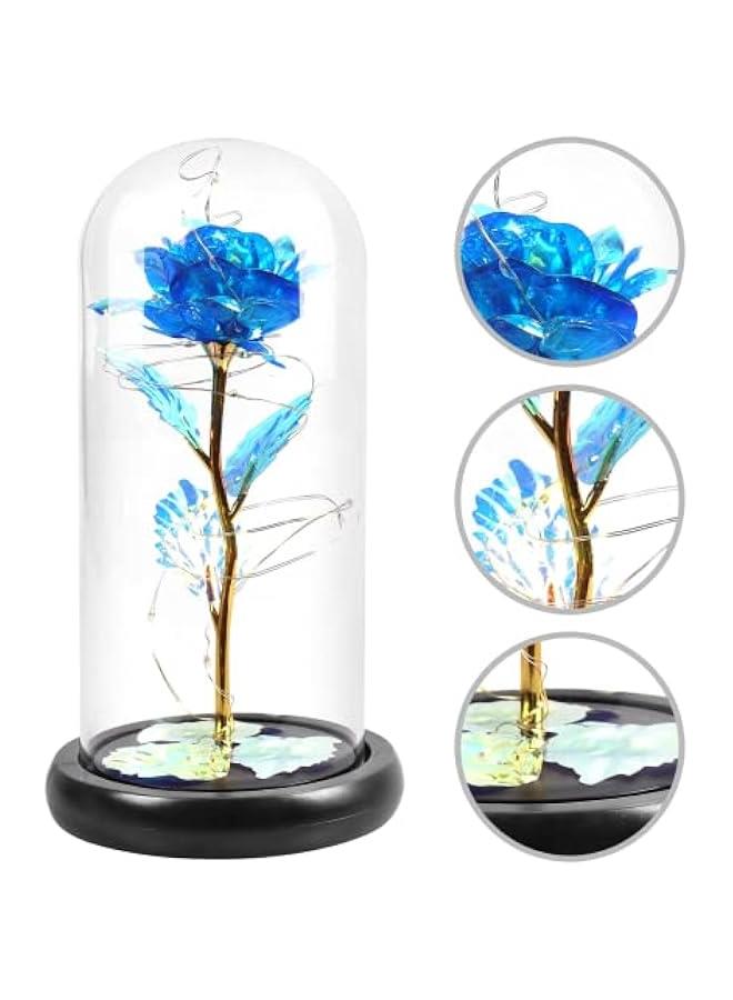 KHAJUL Colorful Artificial Rose Gift, LED Light Unique Gifts, Flower in Glass Dome for Wife, Mom, Grandma,Sister (Blue) - Image 3