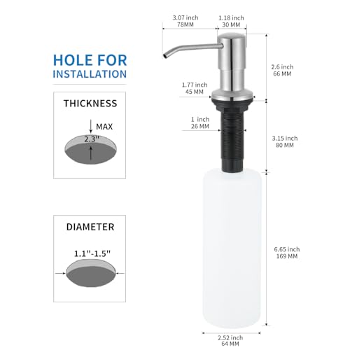DOILIESE Built in Soap Dispenser for Kitchen Sink, Brushed Nickel Stainless Steel Countertop Pump Head (Plastic Built-in), Dish Soap Hand Lotion Dispenser with Refillable 17OZ Bottle - Image 2