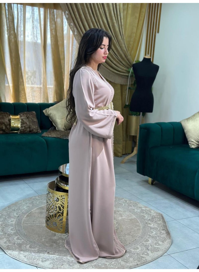 Al Merrakchiya Women’s Long Caftan / Kaftan Tunic Dress – Maxi Crepe Kaftan | Soft & Comfortable jalabiya For Womens | Modest Traditional Dress for Daily Wear - Salmon-CM5 - Image 4