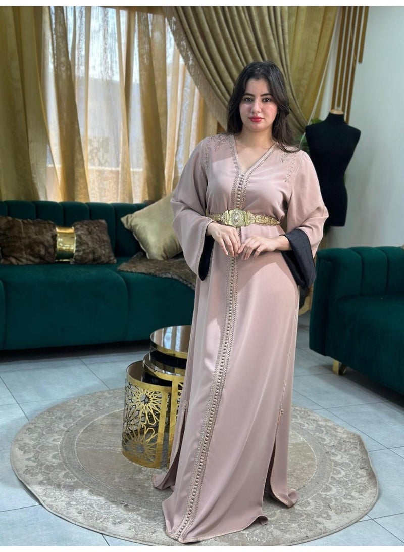 Al Merrakchiya Women’s Long Caftan / Kaftan Tunic Dress – Maxi Crepe Kaftan | Soft & Comfortable jalabiya For Womens | Modest Traditional Dress for Daily Wear - Salmon-CM5 - Image 3