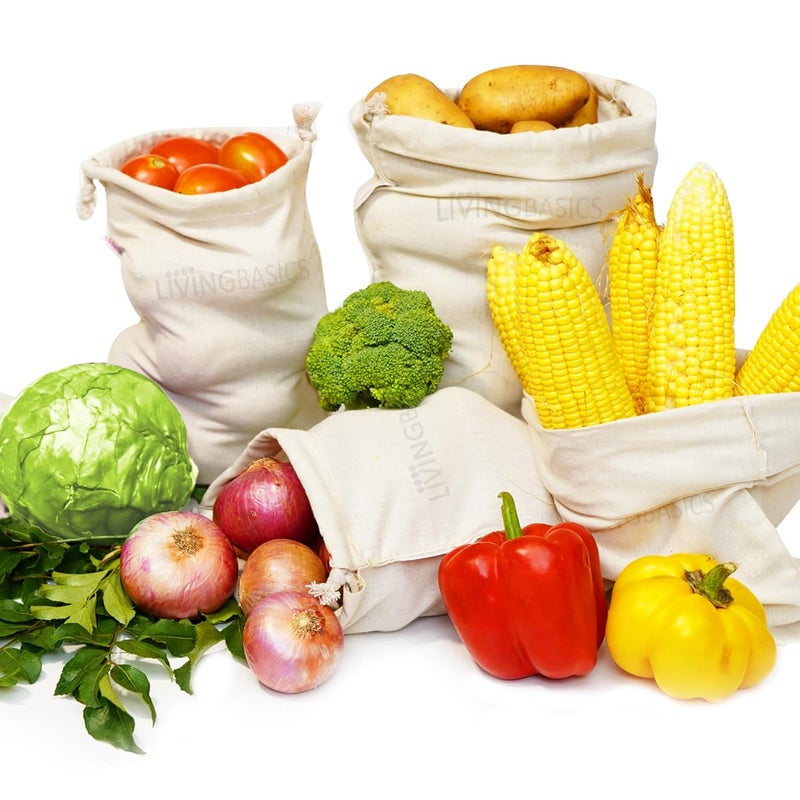 LivingBasics 100 Cotton Set of 12 Fridge Bag EcoFriendly Natural Vegetables Bags for Fridge Storage Mesh Net Vegetable Bag Fridge MultiPurpose EcoFriendly Cotton Mesh Bag - Image 1