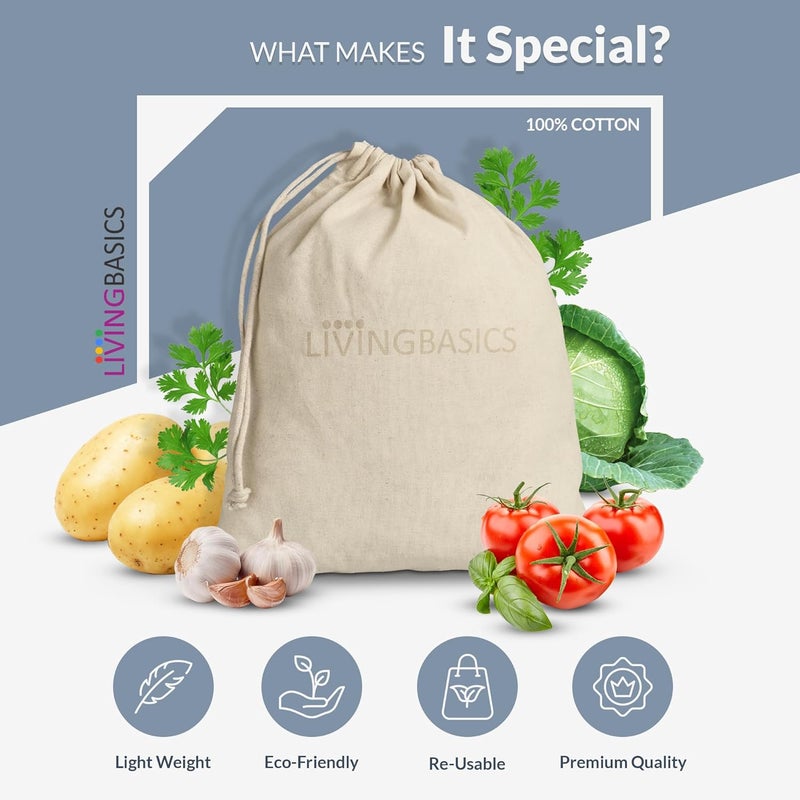 LivingBasics 100 Cotton Set of 12 Fridge Bag EcoFriendly Natural Vegetables Bags for Fridge Storage Mesh Net Vegetable Bag Fridge MultiPurpose EcoFriendly Cotton Mesh Bag - Image 3