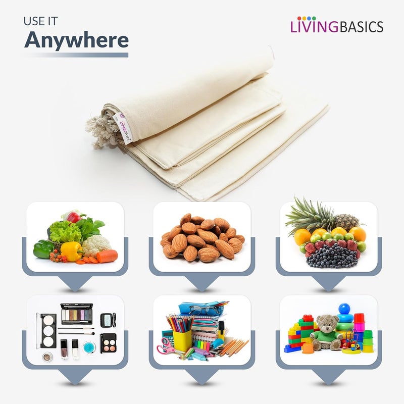 LivingBasics 100 Cotton Set of 12 Fridge Bag EcoFriendly Natural Vegetables Bags for Fridge Storage Mesh Net Vegetable Bag Fridge MultiPurpose EcoFriendly Cotton Mesh Bag - Image 4
