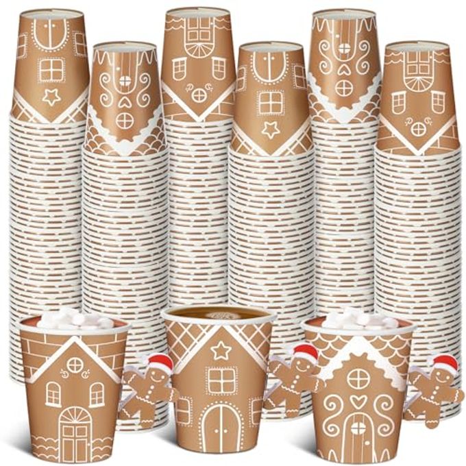 Jingmore 120 Pcs Christmas Paper Cups Gingerbread House Disposable Cups with Handle 8 oz Gingerbread Man Coffee Drinkware for Drinking Tea Hot Cold Beverage Xmas Party Holiday Decoration Supplies