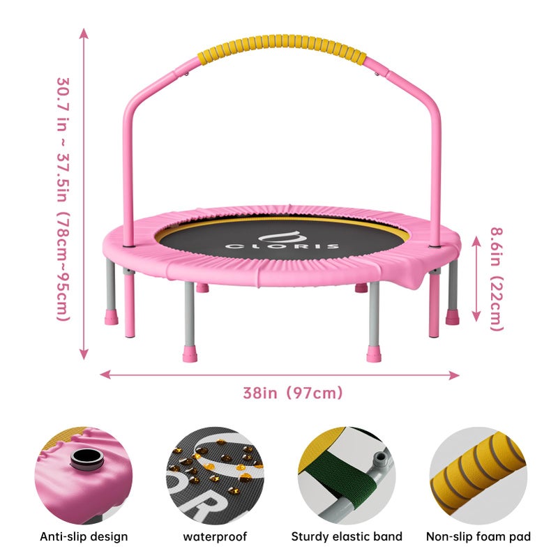 CLORIS 38in Folding Trampoline - Max Load 220lbs Rebounder Fitness Trampoline with Adjustable Foam Handle, with safty Padded Cover Best Gift (38'' Pink) - Image 5