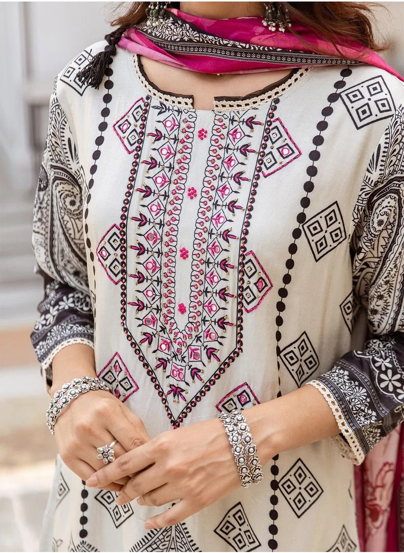 آي شين Women's White Viscose Blend Printed Tunic Full Length Casual Straight Fit Kurta Set