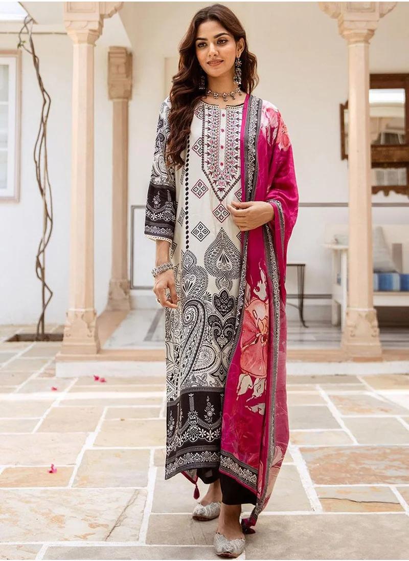 آي شين Women's White Viscose Blend Printed Tunic Full Length Casual Straight Fit Kurta Set