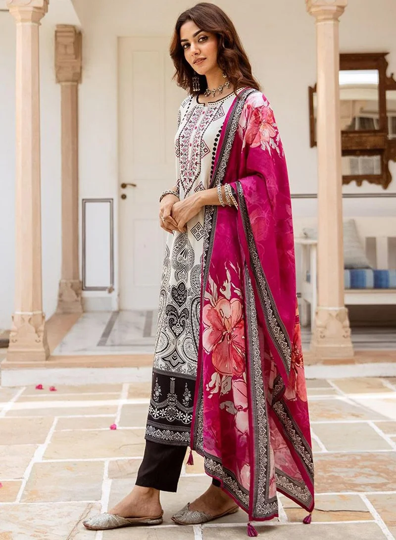 ISHIN Women's White Viscose Blend Printed Tunic Full Length Casual Straight Fit Kurta Set