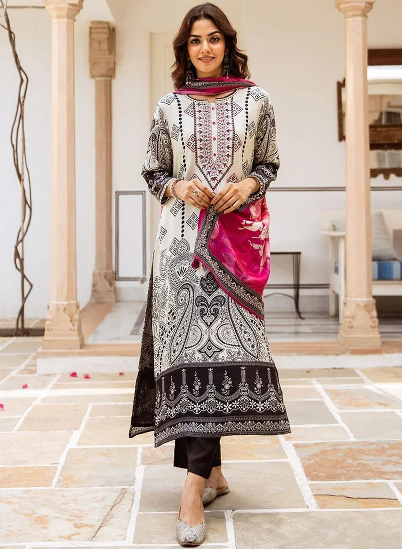 ISHIN Women's White Viscose Blend Printed Tunic Full Length Casual Straight Fit Kurta Set