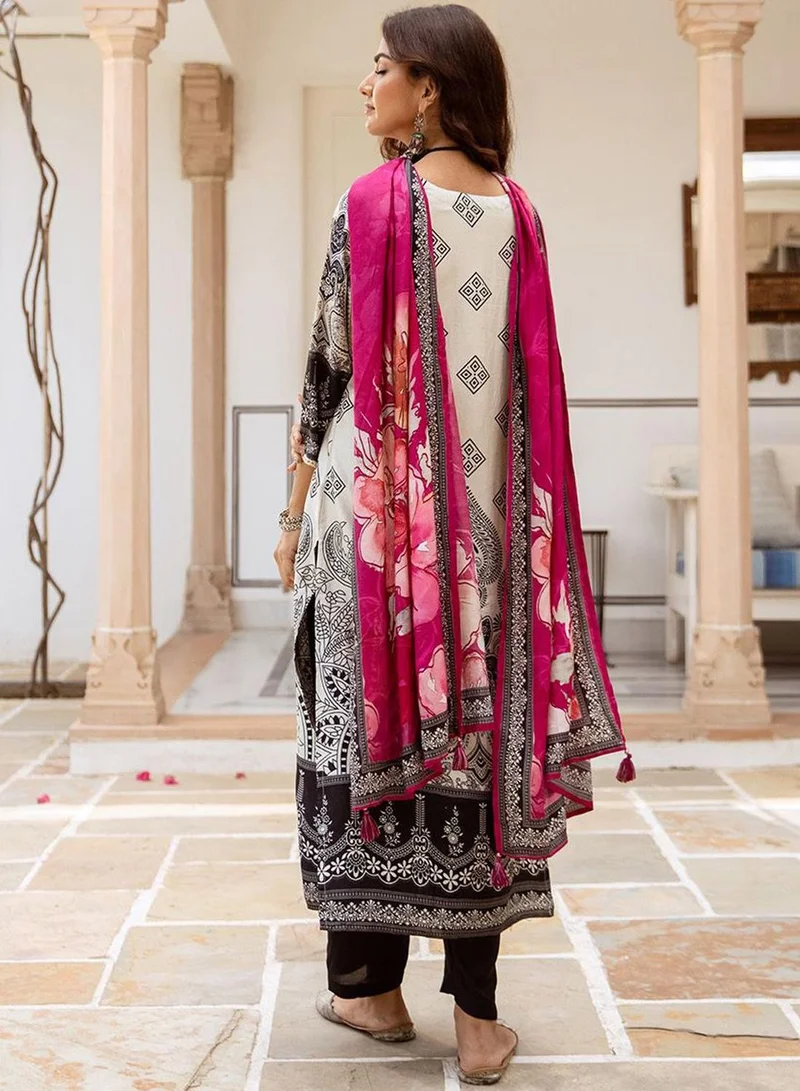 ISHIN Women's White Viscose Blend Printed Tunic Full Length Casual Straight Fit Kurta Set
