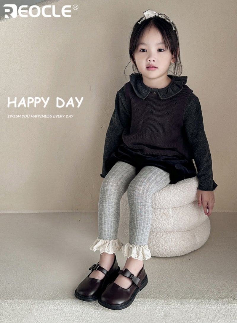 REOCLE Girl's Base Layer Leggings with Lace Trim and Vertical Stripe Design Stretch Ankle Pants with Soft Comfort for Casual Wear - Image 3