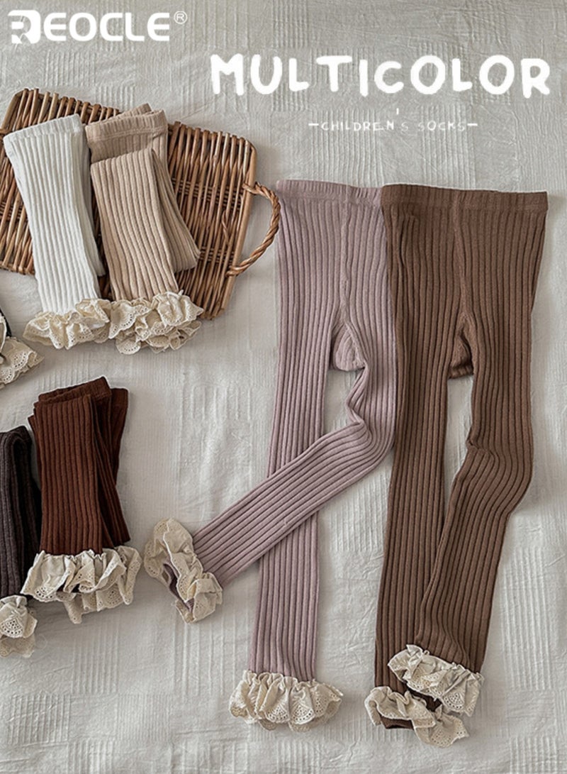 REOCLE Girl's Base Layer Leggings with Lace Trim and Vertical Stripe Design Stretch Ankle Pants with Soft Comfort for Casual Wear - Image 4