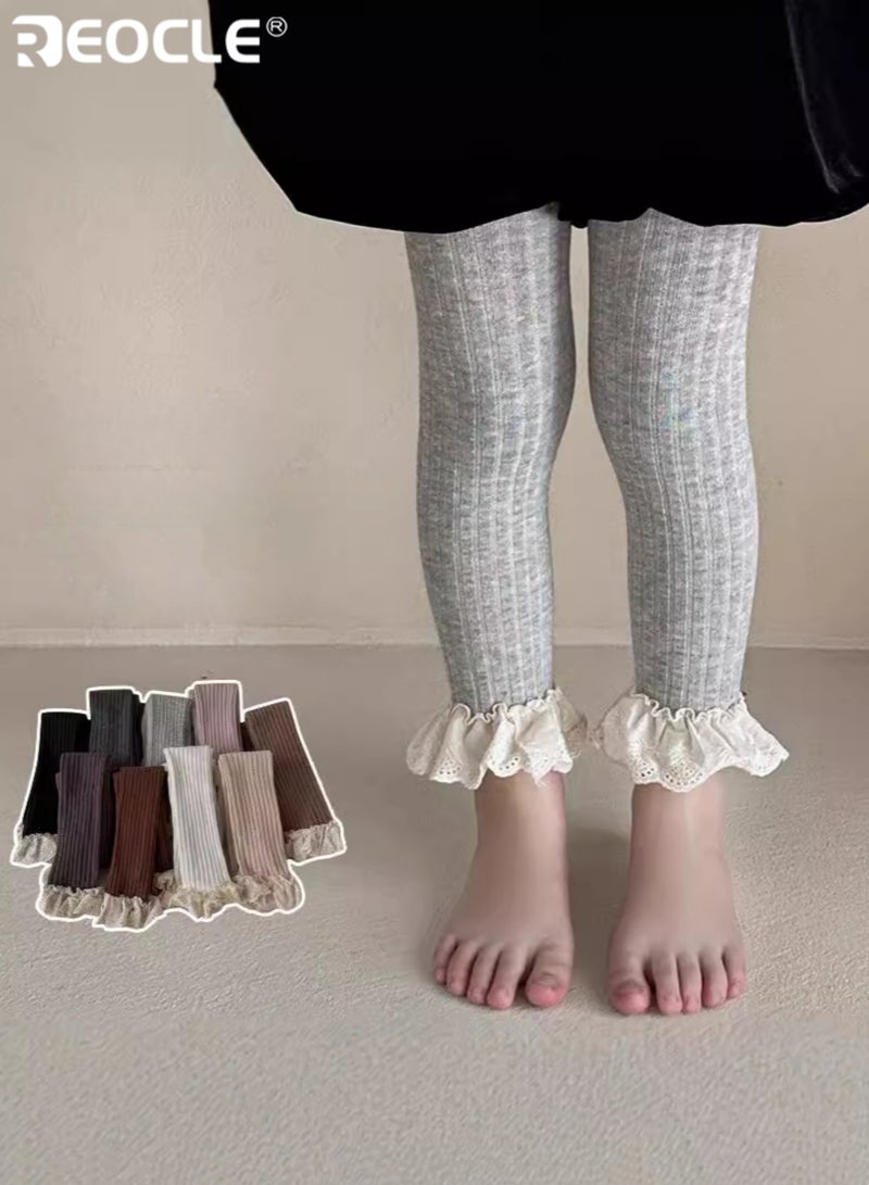 REOCLE Girl's Base Layer Leggings with Lace Trim and Vertical Stripe Design Stretch Ankle Pants with Soft Comfort for Casual Wear - Image 1