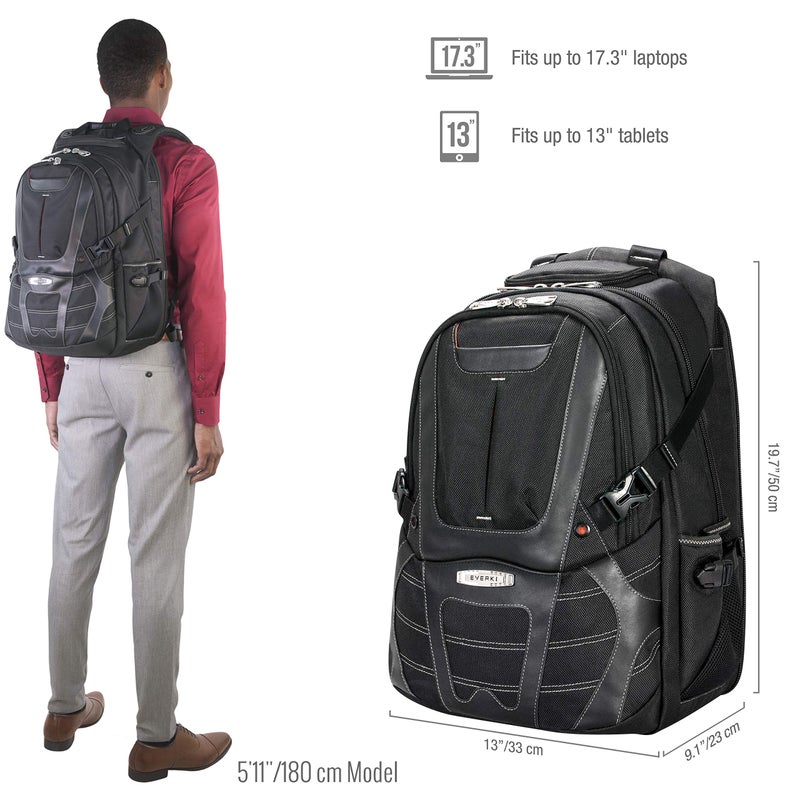 EVERKI Concept 2 Professional Travel Laptop Backpack for Men & Women - Durable Computer Back Pack with Ballistic Nylon & Leather, Travel Friendly for 17.3 Inch Laptop Business Backpack (EKP133B) Black - Image 3