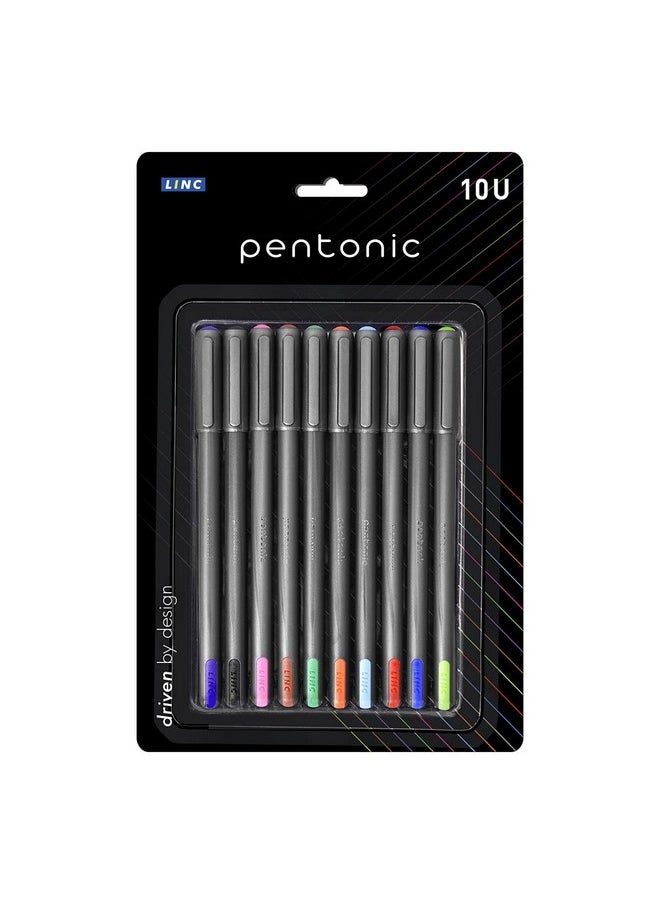 Pentonic Pentonic 1.0mm Ball Pen Blister Pack | Grey Body | Pink,Green,Orange,Brown,Lime Green,Purple,Turquoise Blue,Blue,Grey,Red Ink | Set of 10 Pens  - Image 1