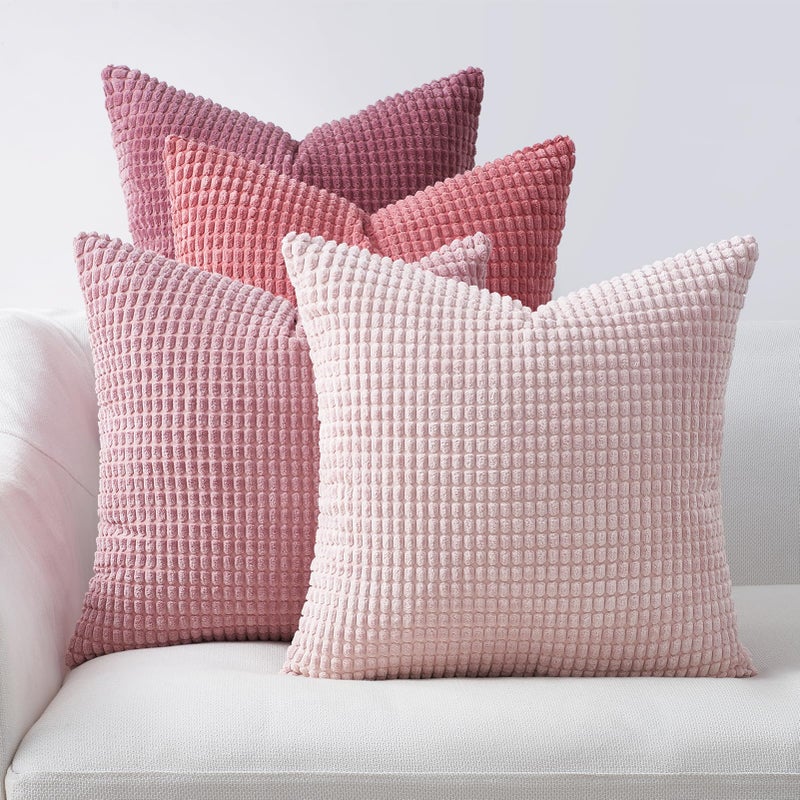 Topfinel Aesthetic Pink Room Decor Throw Pillows Covers for Couch Living Room Bedroom, Coquette Room Decorative Fluffy Corduroy Cushion Cover 18x18 Inch Set of 4 (Blush/Rose/Hot Pink) - Image 1