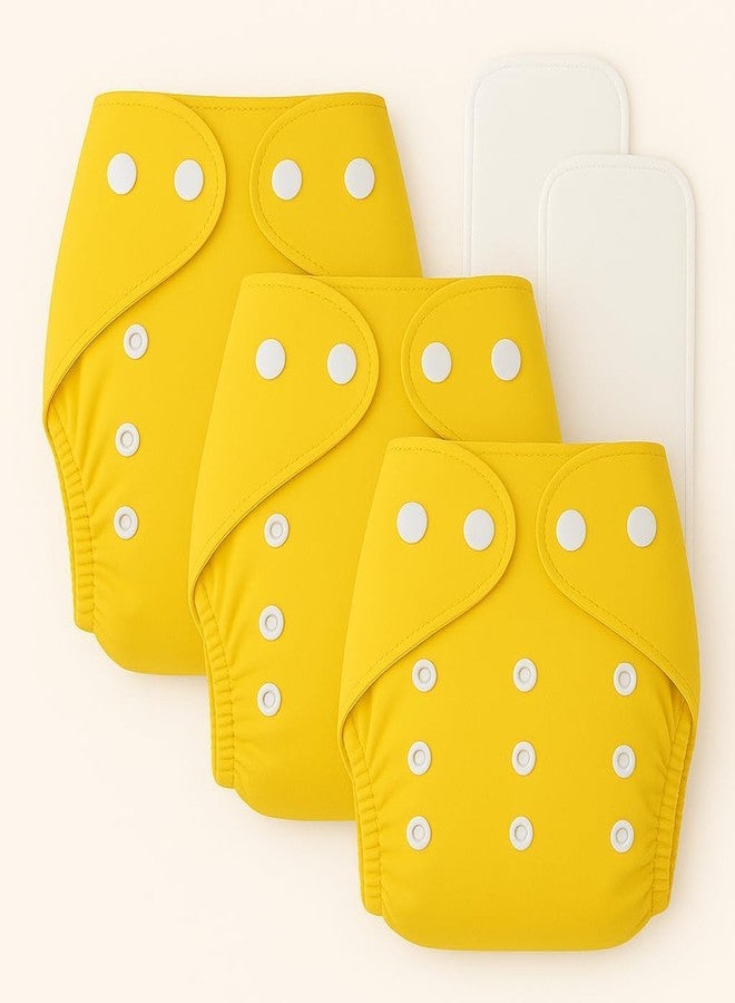 Kritiu Reusable Baby Cloth Diapers (0-3 Years) Pack of 3 with 2 Inserts | Leak-Proof & Adjustable | Washable Up to 300 Times | Waterproof, BPA-Free, Eco-Friendly, Anti Bacterial, Rashes Free Diapers for Babies & Toddlers (3-17 kg) (Yellow) - Image 1