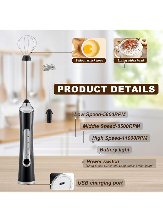 freebala Handheld Electric Milk Frother with 2 Heads, Coffee Whisk Foam Mixer with USB Rechargeable 3 Speeds, Foam Maker Blender for Latte, Cappuccino, Hot Chocolate, Egg (Black) (Black with stand) - Image 3
