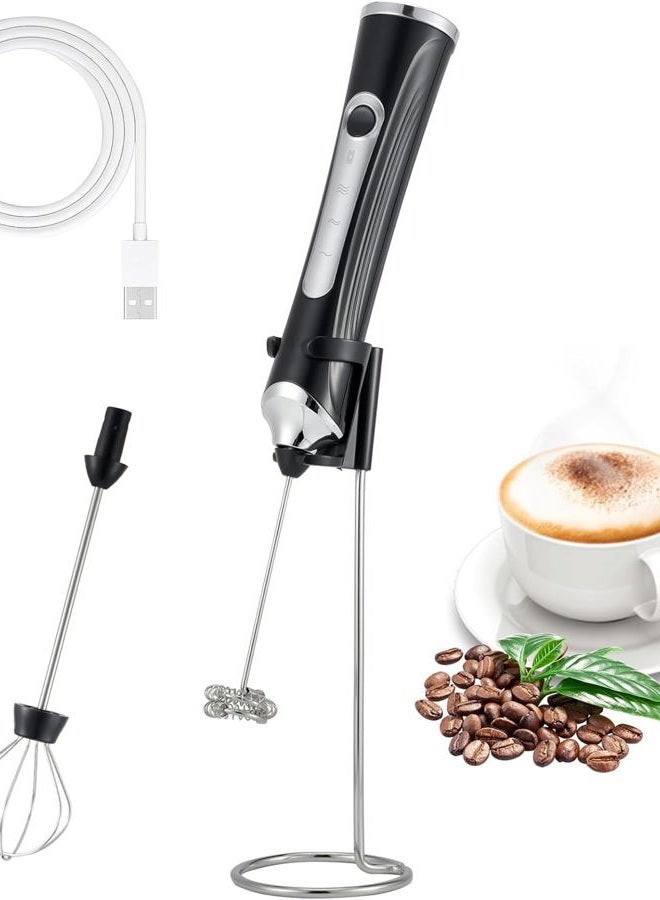 freebala Handheld Electric Milk Frother with 2 Heads, Coffee Whisk Foam Mixer with USB Rechargeable 3 Speeds, Foam Maker Blender for Latte, Cappuccino, Hot Chocolate, Egg (Black) (Black with stand) - Image 1