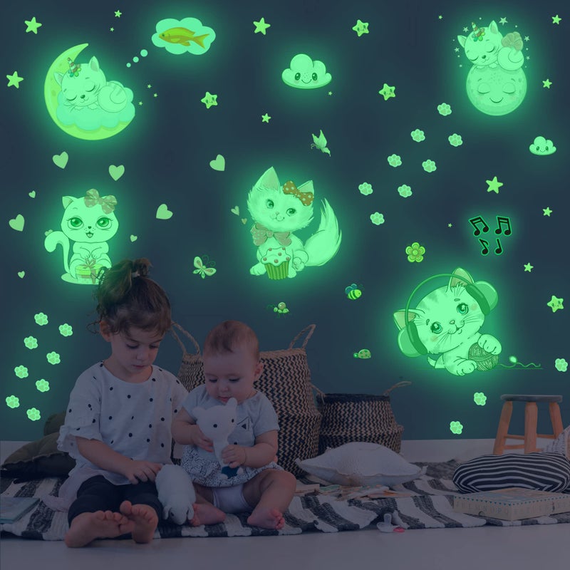 Glow in The Dark Stars for RoomCats Glowing WallCeiling Decals Kitten Butterflies Stickers for Kids Bedroom Clouds Bees Luminous Wall Decor for Boy and Girl Living Room