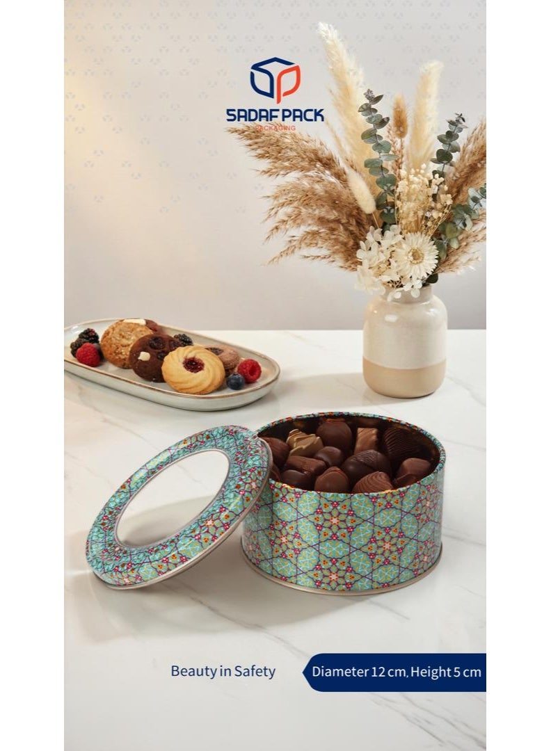علبة تين معدنية فاخرة بنقوش شرقية (12×5 سم) للشوكولاتة والزعفران والتمر وغيرها
