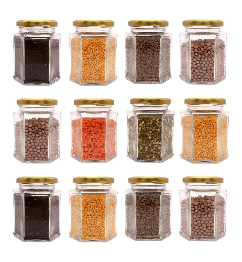 Castanea Hexagon Glass Container for Kitchen Storage, Airtight Lid, Transparent Glass Jar, 350 ml, Pack of 12 - Image 2