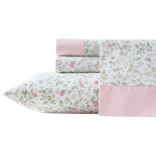 Laura Ashley Full Size Sheet Set Crisp Lightweight Cotton Percale Bedding with Fitted Sheet and Pillowcases Floral Room Decor Deep Pocket College Dorm Room Essentials Bonnie Pink - Image 3