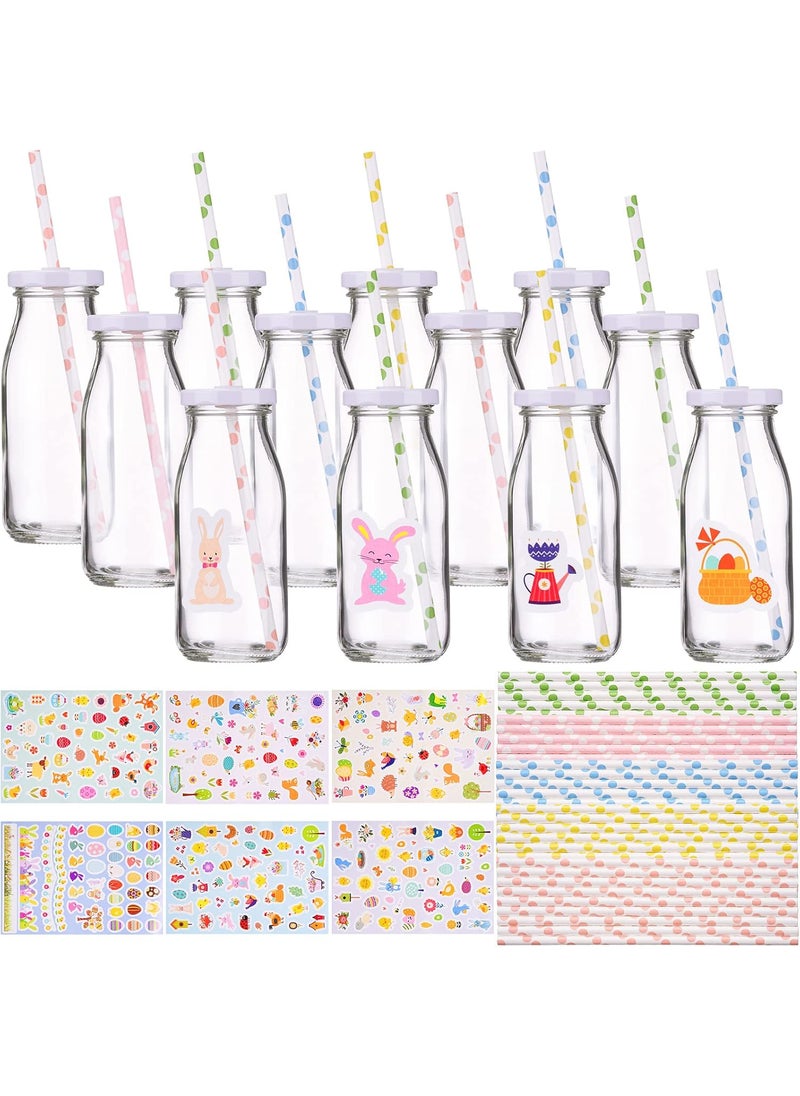 Nuenen Nuenen 12 Pcs Easter Bunny cups Bulk Reusable 85 oz Glass Milk Bottle with Metal Screw on Lids and 50 Pieces Straw and 100 Pieces Cute Bunny Eggs Sticker for Easter Spring Party  - Image 1