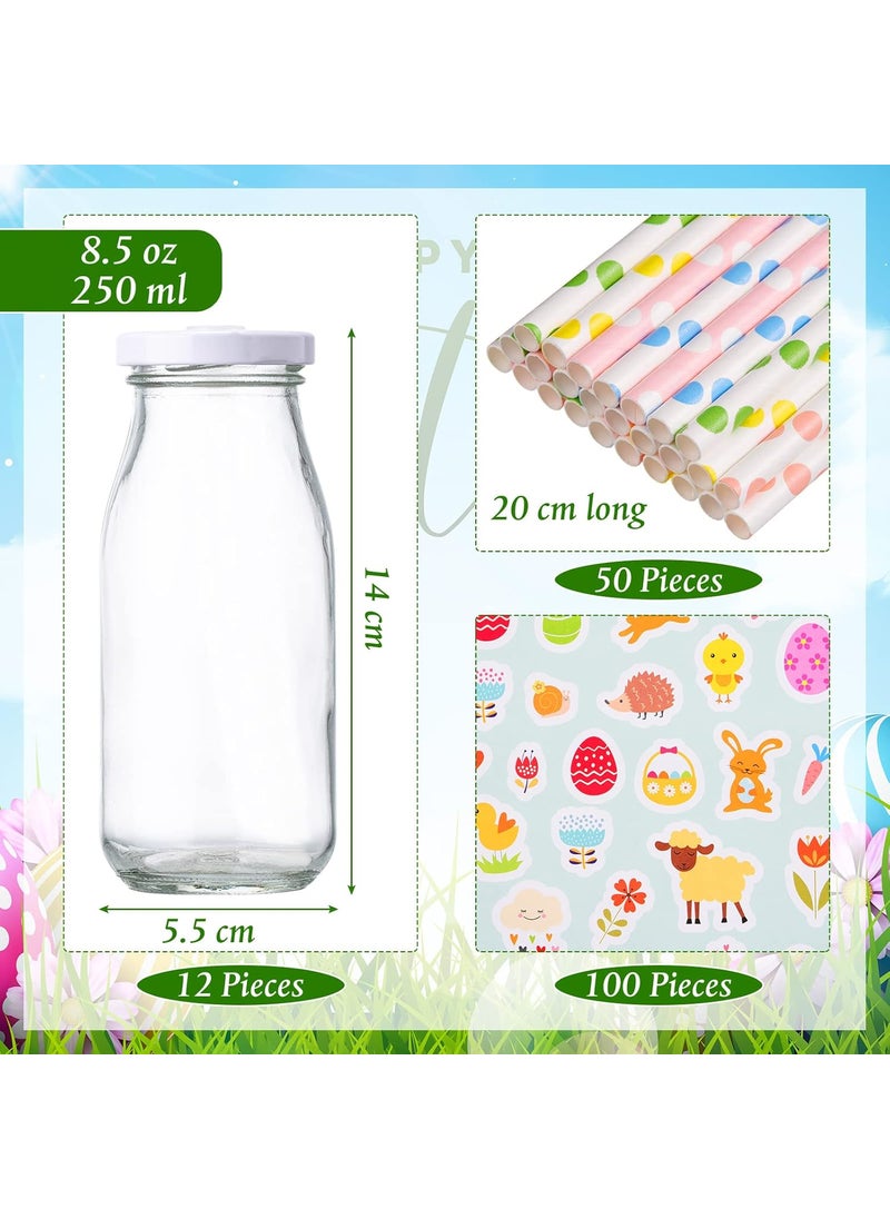 Nuenen Nuenen 12 Pcs Easter Bunny cups Bulk Reusable 85 oz Glass Milk Bottle with Metal Screw on Lids and 50 Pieces Straw and 100 Pieces Cute Bunny Eggs Sticker for Easter Spring Party  - Image 3