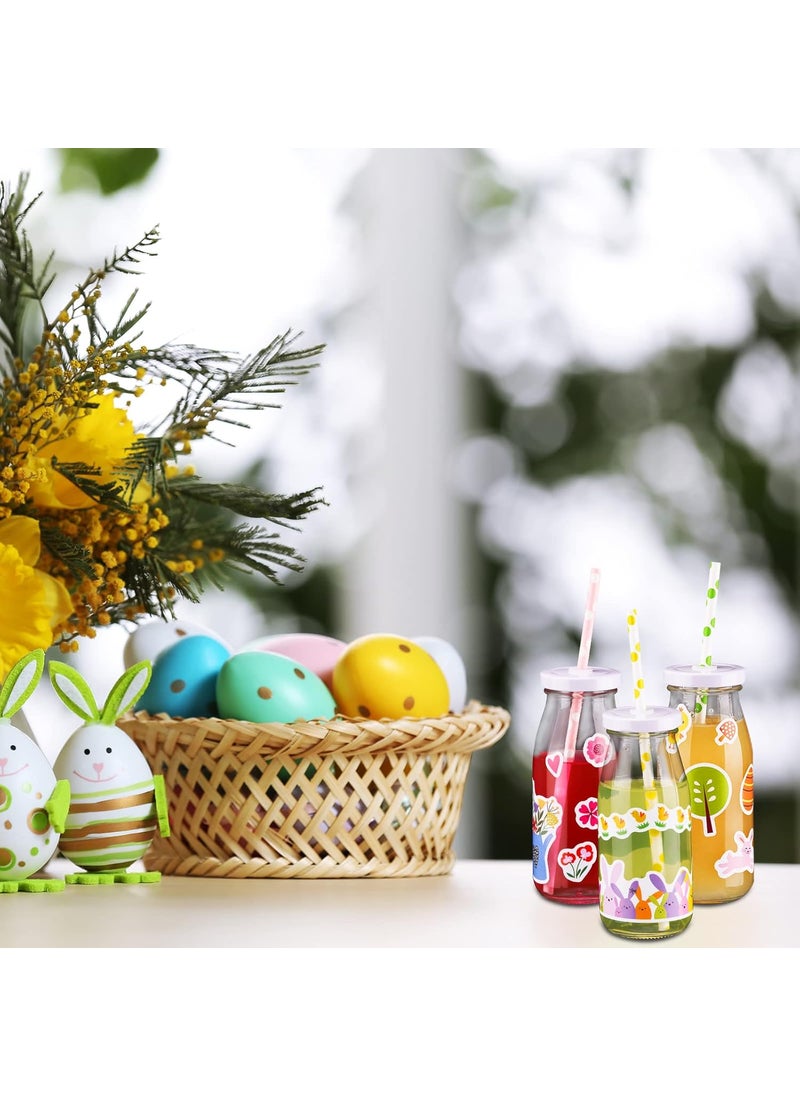Nuenen Nuenen 12 Pcs Easter Bunny cups Bulk Reusable 85 oz Glass Milk Bottle with Metal Screw on Lids and 50 Pieces Straw and 100 Pieces Cute Bunny Eggs Sticker for Easter Spring Party  - Image 4