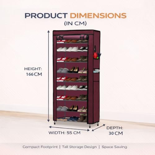 ROBMOB Metal Shoe Stand with Cover, 9 Tier Shoe Organiser for Home & Office - Maroon - Image 4