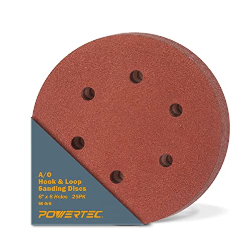 POWERTEC 60 Grit, 25 PK, 6 Inch Sanding Discs – Hook and Loop, 6-Hole Aluminum Oxide Orbital Sander Pads, Woodworking & Paint Round Sandpaper for Random Orbital, Air, Pneumatic & DA Sanders (45206) - Image 1