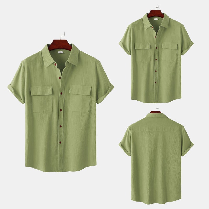 Summer new men's linen short-sleeved shirt men's square collar casual cotton and linen shirt linen solid color half-sleeve top black XL - Image 4