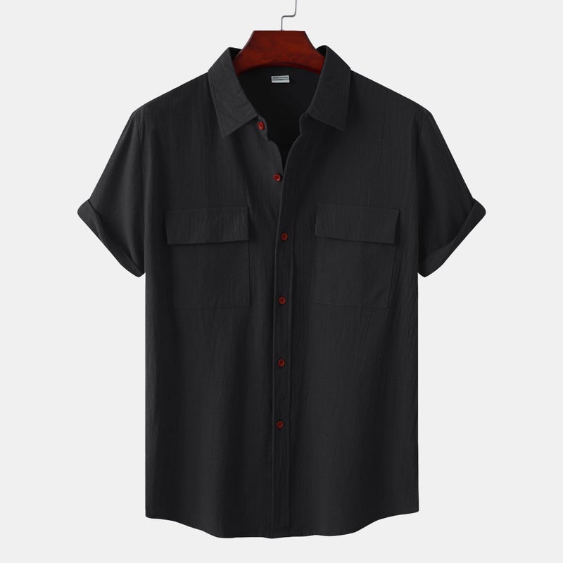 Summer new men's linen short-sleeved shirt men's square collar casual cotton and linen shirt linen solid color half-sleeve top black XL - Image 1