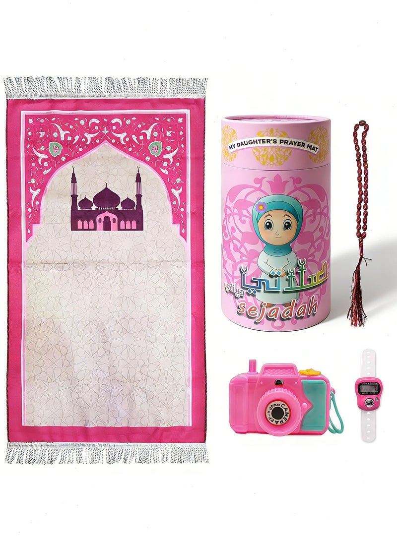 Ramadan Kids Prayer Mat Set - Prayer Rug - Children's Eid Gift - Children's Prayer Mat Girls' Fun Prayer Rug (Pink) - Image 1