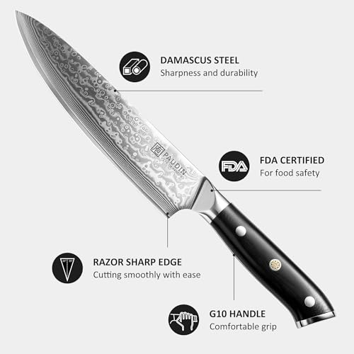 PAUDIN Damascus Chef Knife, 8 Inch Kitchen Knife, 67 Layers Damascus Steel Knife Japanese VG10 Core, Non-slip Ultra Sharp Chefs Knife with Ergonomic G10 Handle - Image 3